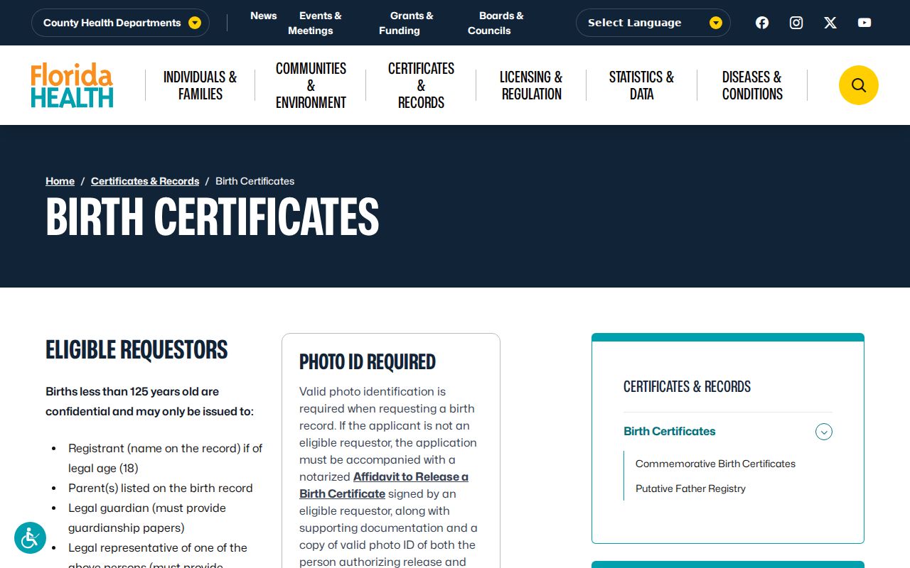Pembroke Pines previous residents Florida birth certificate access