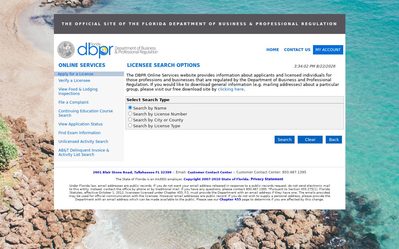Pembroke Pines resident lookup on the Florida professional license search
